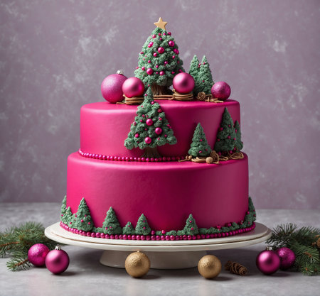 Christmas cake with fir tree and pink baubles on a grey backgroundの素材