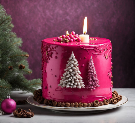 Christmas cake with a fir tree and candle on the table against a violet background.の素材