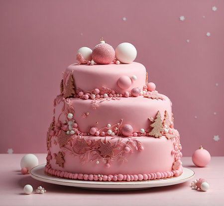 Fancy pink cake with snowflakes and decorations on pink backgroundの素材