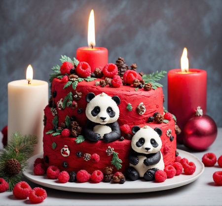 Birthday cake with chocolate panda bear and berries, Selective focus.の素材