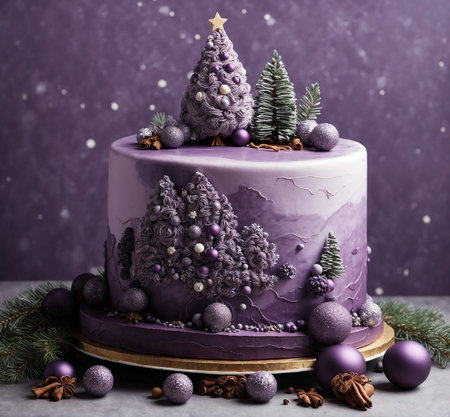 Purple christmas cake with fir tree and decoration on top.の素材