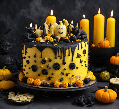 Halloween cake with black and white ghosts, pumpkins, and candles on a dark backgroundの素材