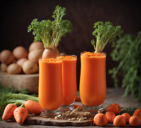 Carrot juice and fresh carrots on a wooden background. Selective focus.の素材