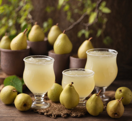 Fresh pear juice in glass on a wooden background, Selective focus.の素材