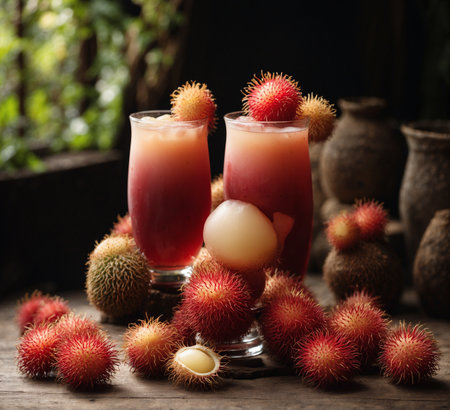 Rambutan juice in a glass with fresh fruits on wooden tableの素材