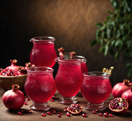 Pomegranate juice in a glass with fruit on a wooden backgroundの素材