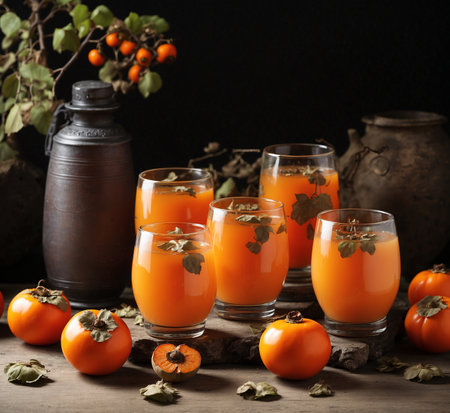 Persimmon juice in a glass and fresh persimmon fruitsの素材