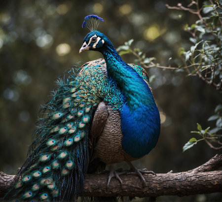 Beautiful peacock standing on a branch with feathers in the wildの素材