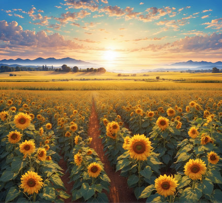 Sunflower field at sunset, Beautiful natural landscape with sunflowers.の素材