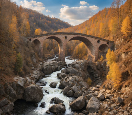 Old bridge over the river in the autumn forest. Carpathians, Ukraineの素材