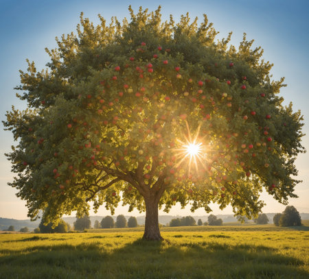 Apple tree in the meadow at sunset. Beautiful summer landscape.の素材