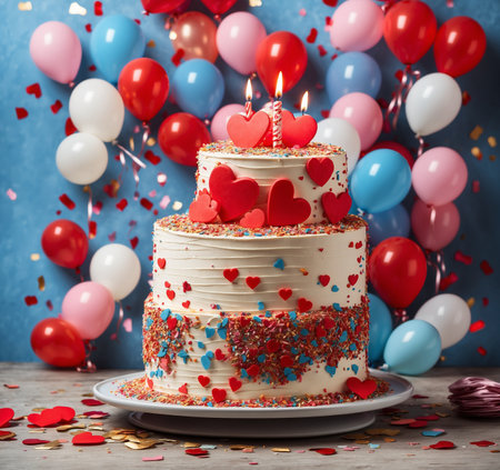 Birthday cake with red hearts and candles on a blue background.の素材