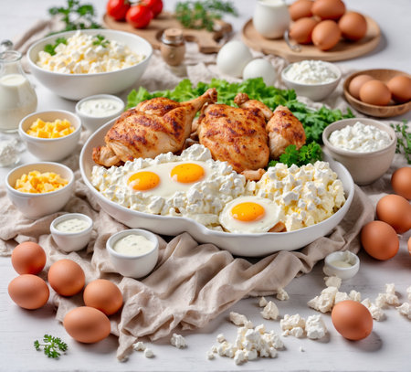 Baked chicken legs with cottage cheese, eggs and mayonnaiseの素材