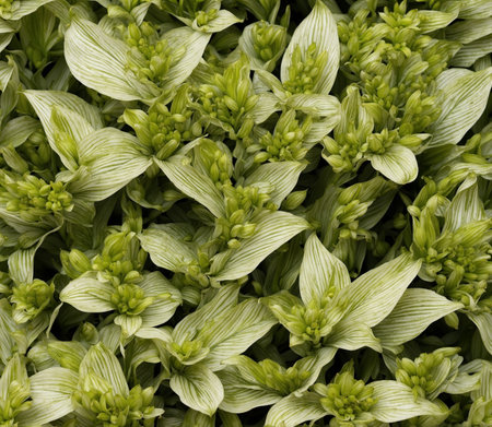 Close up view of green hosta plant leaves. Nature background.の素材