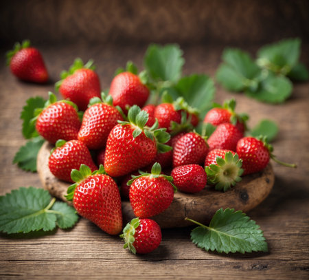 Fresh strawberries with leaves on a wooden background. Selective focus.の素材
