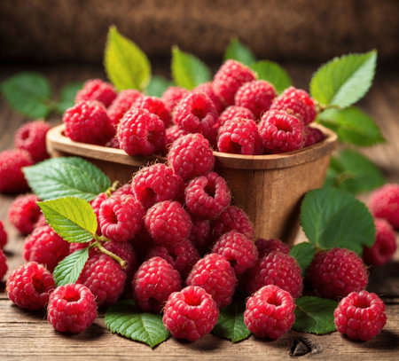 Ripe raspberries with leaves in a wooden bowl. Selective focus.の素材