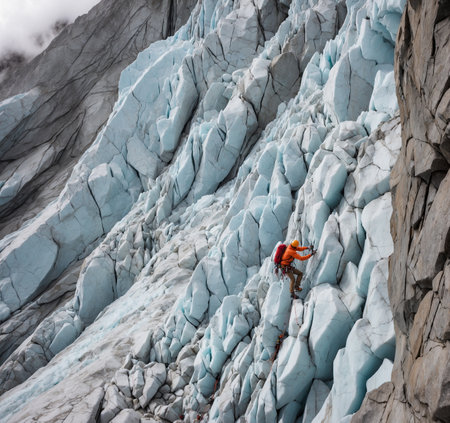 Climber climbing on a glacier in Cordillera Blanca, Peruの素材