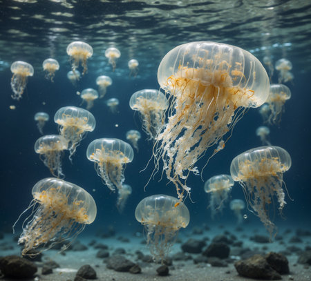 Jellyfish swimming underwater in the ocean. Jellyfish marine life.の素材