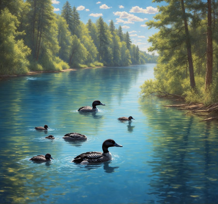 A flock of ducks swimming on the lake in the forest. Beautiful nature background.の素材