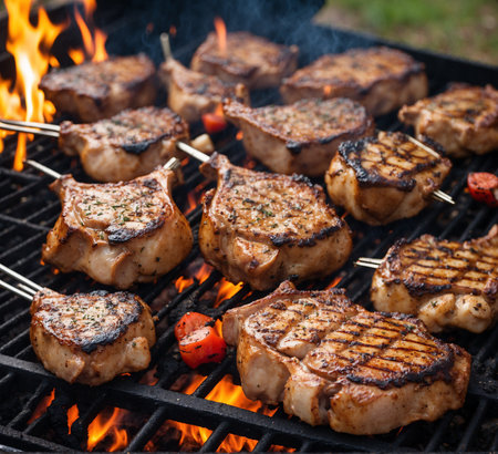 Grilled pork steaks on barbecue grill with flames, closeupの素材