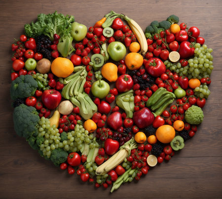Heart shape made of fresh fruits and vegetables. Healthy food concept.の素材