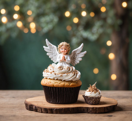 Cupcake with angel on wooden table and bokeh backgroundの素材