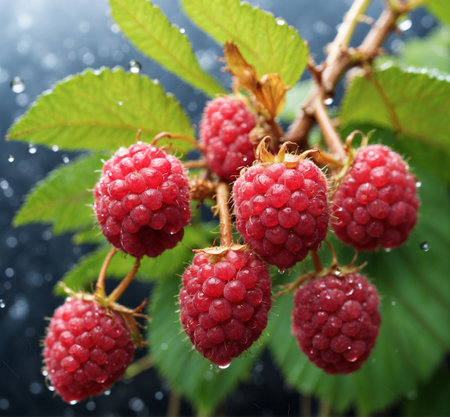 Ripe red raspberries with water drops on a dark backgroundの素材
