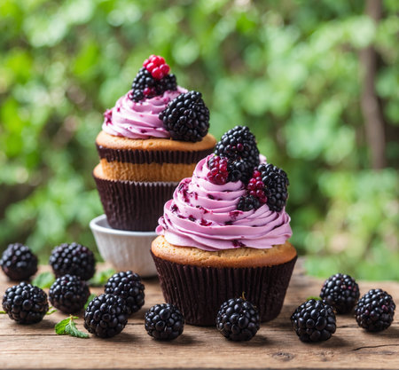 Cupcakes with blackberries and raspberries on wooden tableの素材