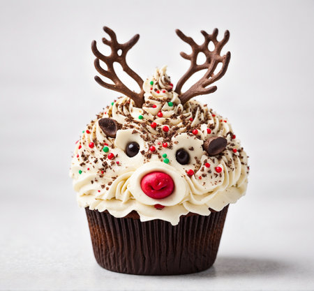 Christmas cupcake with reindeer on white background, closeupの素材