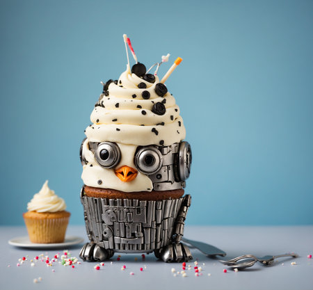 Funny birthday cupcake with robot on top and cupcake in backgroundの素材