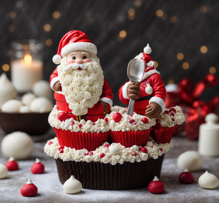 Christmas cupcakes with Santa Claus and candies on a dark backgroundの素材