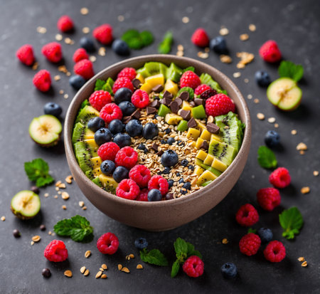Healthy breakfast bowl with oatmeal, berries, chia seeds and fruitsの素材
