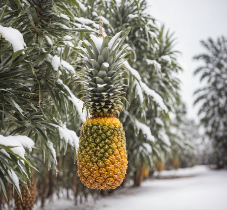 Pineapple in the snow with snowfall.の素材