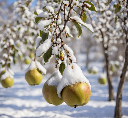 Ripe pears covered with snow in the orchard in winter.の素材