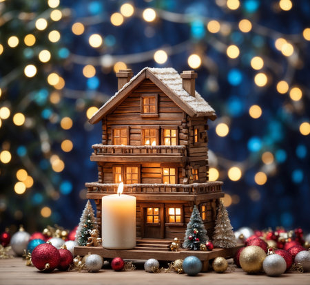Wooden toy house with Christmas tree on bokeh background.の素材