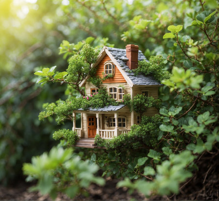 Miniature wooden house on green bushes background. Real estate concept.の素材