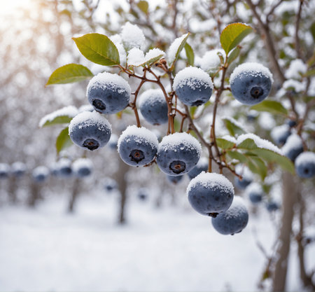 Frozen blueberries on a branch in the winter forest. Selective focus.の素材