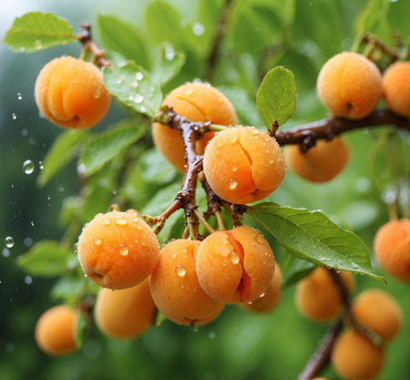 Ripe apricots on a branch with leaves in the rainの素材