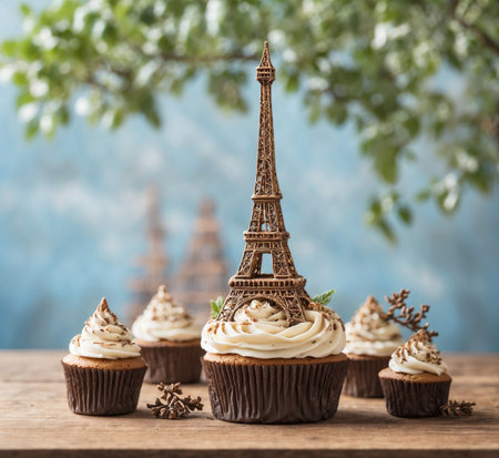 Chocolate cupcakes with Eiffel Tower on wooden background.の素材