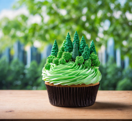 Christmas cupcake with green tree on wood table and blurred background.の素材