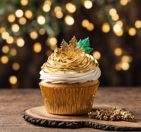 Cupcake with golden leaf on wooden table with christmas lights in backgroundの素材