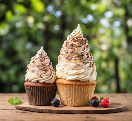 Cupcake with whipped cream and fresh berries on wooden table.の素材