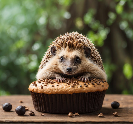 Hedgehog with chocolate cupcake on wooden table, closeupの素材