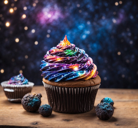 Cupcakes decorated with colorful lights on a wooden table against a background of stars.の素材