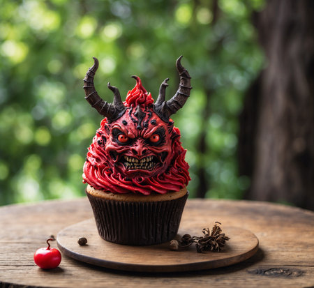 Halloween cupcake with red devil face and horns on wooden tableの素材