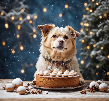 Cute dog with gingerbread cake and christmas tree on backgroundの素材