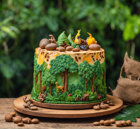 Easter cake decorated with birds and eggs on a wooden background.の素材