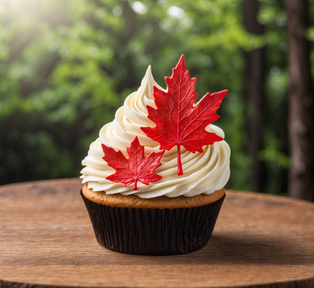 Cupcake with maple leaf on top on wooden table in gardenの素材
