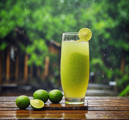 Lime juice in glass on wooden table with green bokeh backgroundの素材