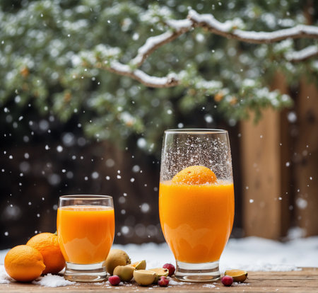 Two glasses of fresh orange juice and fruits on wooden table with snowfallの素材